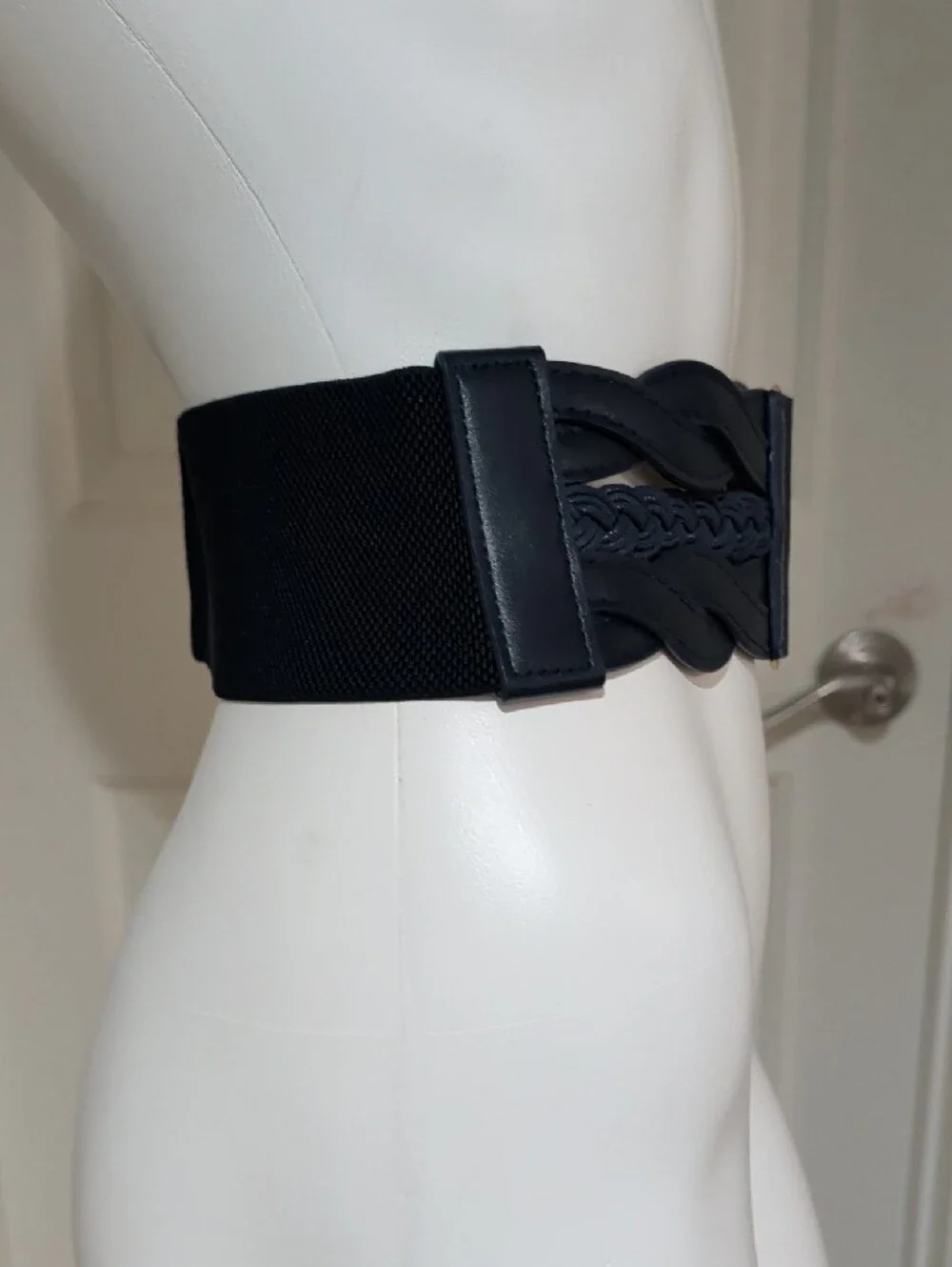 Navy Blue Elastic Braided Leather Wide Cinch Belt W/ Gold Accents 28